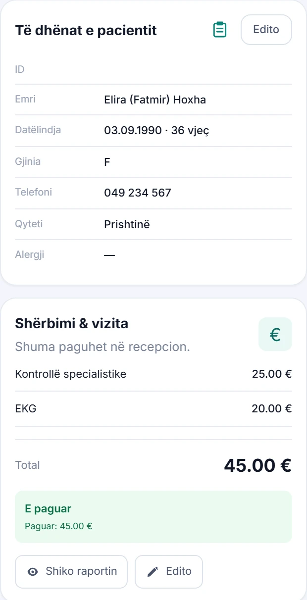Paneli i vizitës: të dhënat e pacientit, shërbimet dhe pagesa